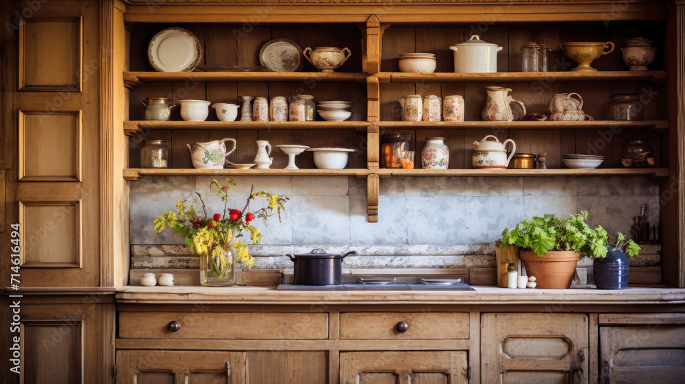 Busy Kitchen With an Abundance of Pots and Pans. Interior of a modern kitchen made of solid wood. Busy Kitchen With an Abundance of Pots and Pans. Interior of a modern kitchen made of solid wood.
