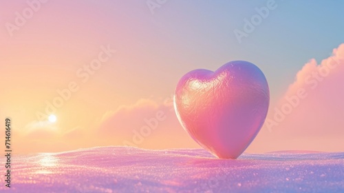  a heart shaped object sitting in the middle of a snow covered field with the sun setting in the distance in the distance, with a pink and blue sky in the background. © Olga