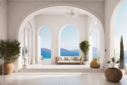 Interior home design of modern entrance hall with greek Island style and arched doorway with wooden decorations and houseplants