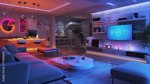 Smart Home Automation: A Modern Living Room Illuminated by Intelligent Lighting at Dusk