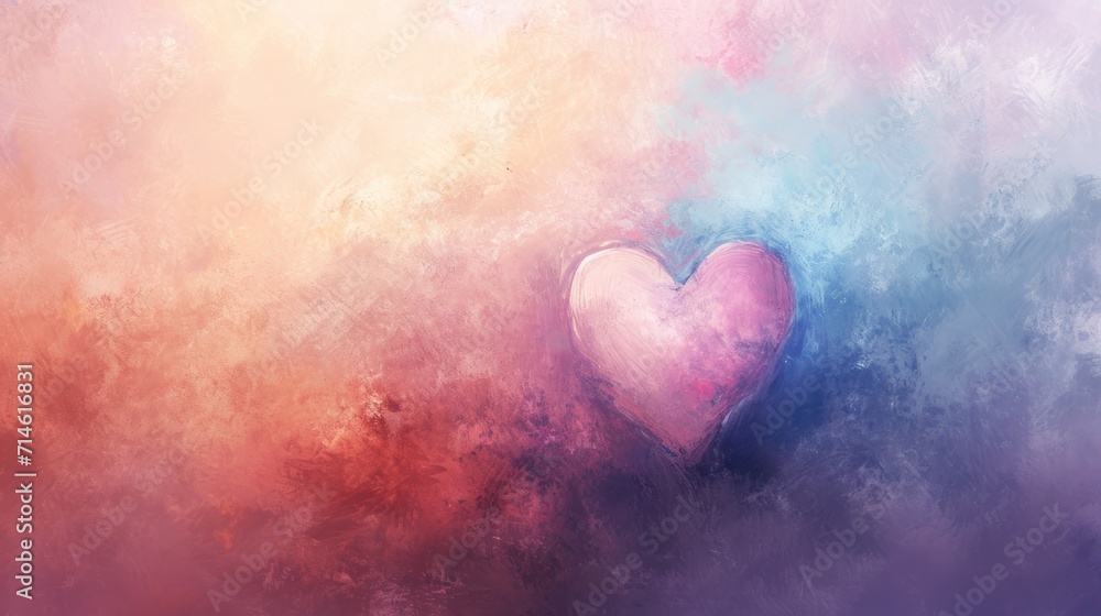  a painting of a pink heart on a blue, pink, and red background with a white heart on the left side of the image and a pink heart on the right side of the right side of the image.