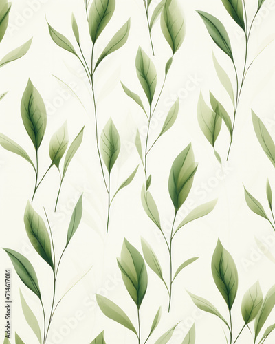 Seamless pattern of retro vintage delicate green leaf background hand drawn plant leaves and stems with watercolor art style with light and dark green leaf veins and texture on pale background.