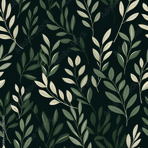 Seamless pattern green plant stems and leaves on dark background charming hand drawn simple clean minimalist design style for backgrounds wallpaper repeating pattern