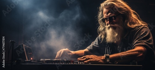 Timeless Vibes: Epic Portrait of an Old Man DJ with Undercut, Long Hair, and Glasses photo
