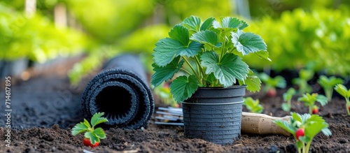 Container-grown strawberry plant, rolled black geotextile, gardening equipment. Focusing selectively. photo