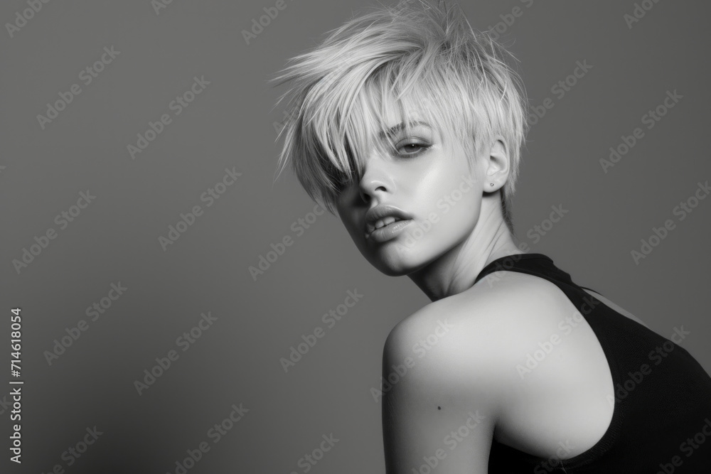 Monochromatic allure: a model with edgy platinum hair presents a bold look, embodying modern beauty trends Monochromatic allure: a model with edgy platinum hair presents a bold look, embodying modern beauty trends