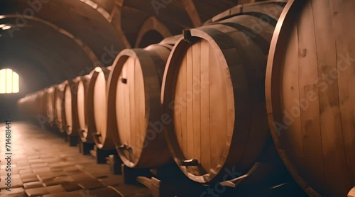 AI generated video of wooden barrels in winery. Aged wooden barrels with wine , brandy or whiskey in big warehouse. Dolly , gimbal movement. long row of wine barrels at vintage winery with alcohol photo