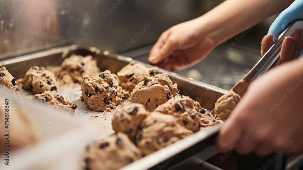  a close up of a pan of food with a person holding a spatula next to a pan of chocolate chip cookies and another pan of cookies in the background.