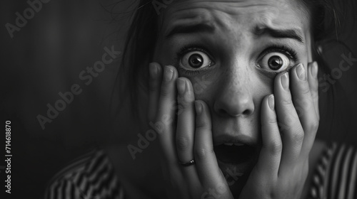 Capturing Fear: Monochrome Portrait of a Terrified Woman. Generative AI © Sascha