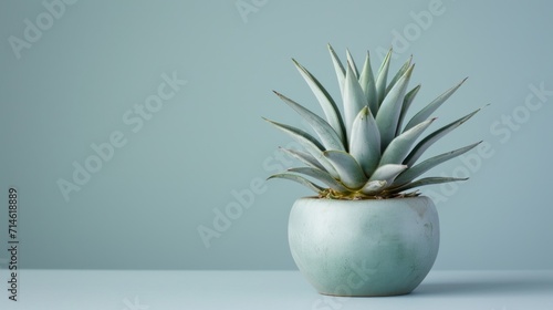  a potted plant sitting on a table with a blue wall in the backgrounnd of the picture and a blue wall in the backgrounnd. © Olga