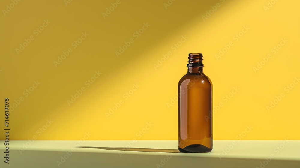 a brown bottle sitting on top of a table next to a shadow of a person's shadow on the wall and a yellow wall behind it is a shadow of the bottle. a brown bottle sitting on top of a table next to a shadow of a person's shadow on the wall and a yellow wall behind it is a shadow of the bottle.