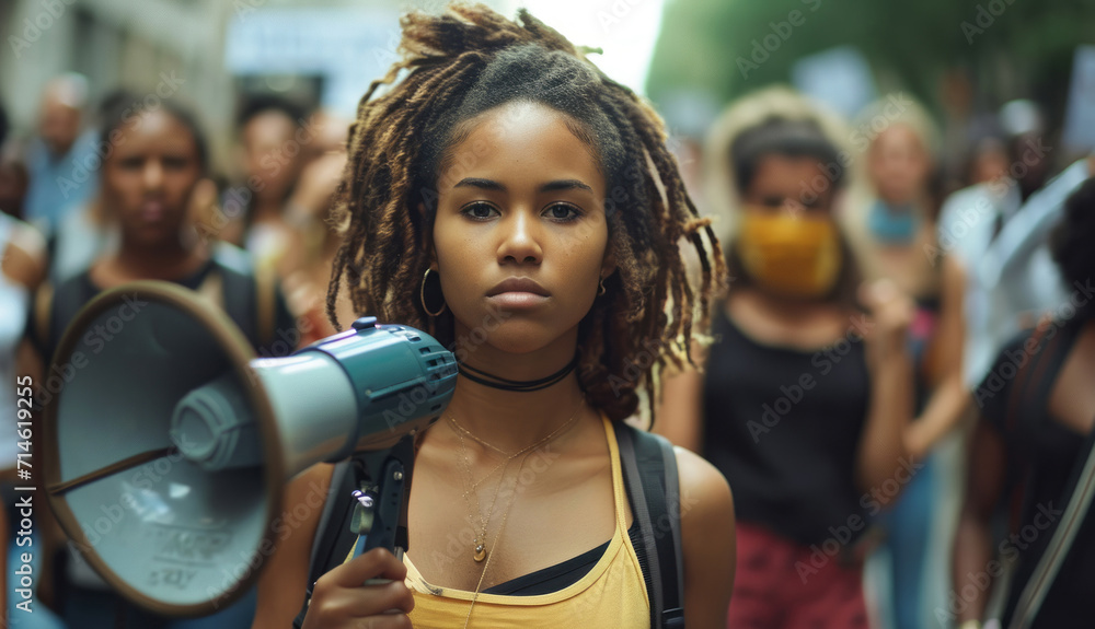 Obraz premium Megaphone, woman and people for human rights or justice with freedom of speech in city street.