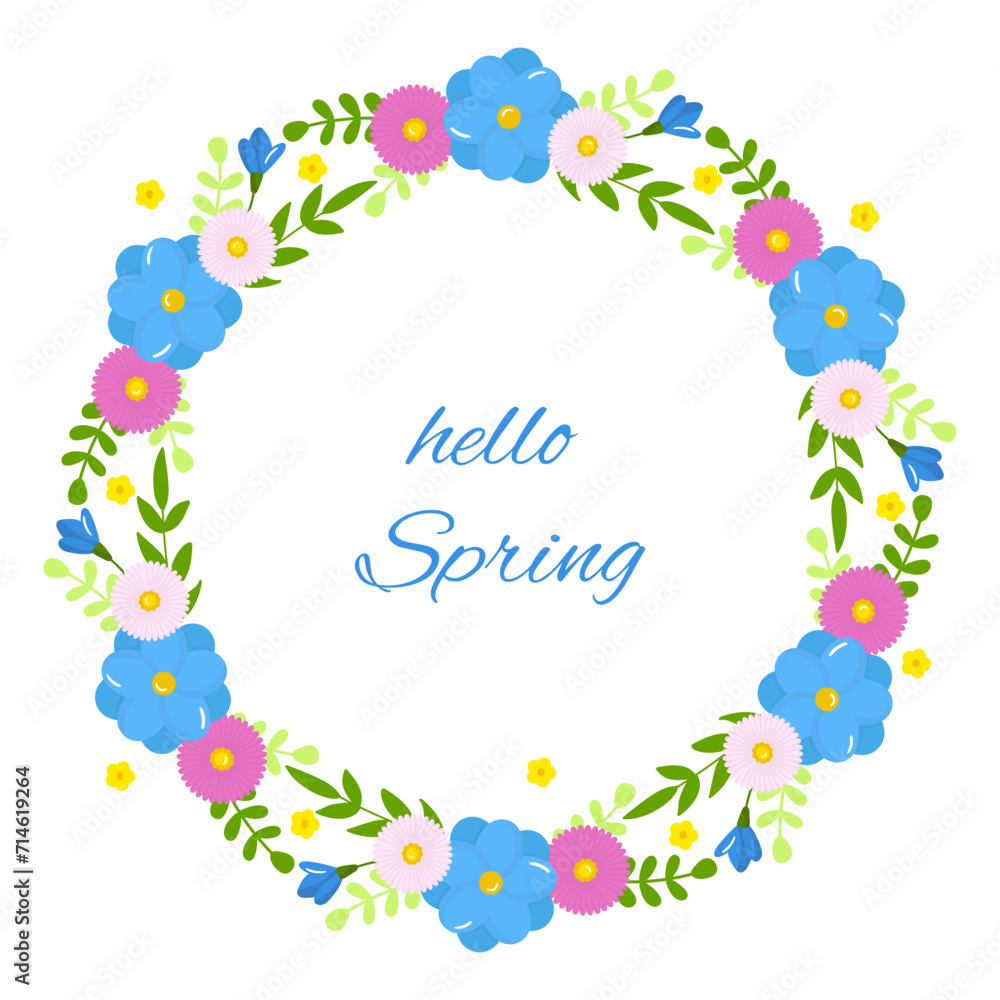 Vector spring flowers wreaths. Round frames with tulips and summer flowers isolated on white background