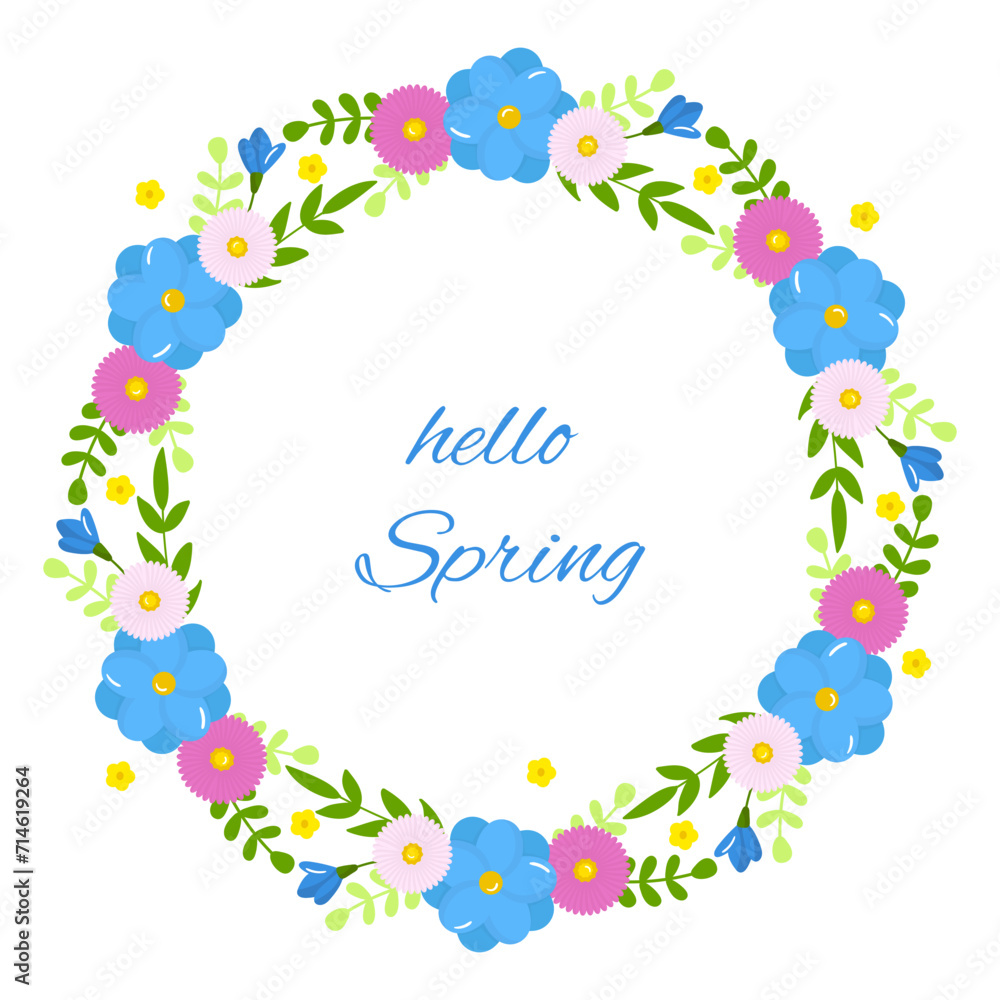 Vector spring flowers wreaths. Round frames with tulips and summer flowers isolated on white background Vector spring flowers wreaths. Round frames with tulips and summer flowers isolated on white background