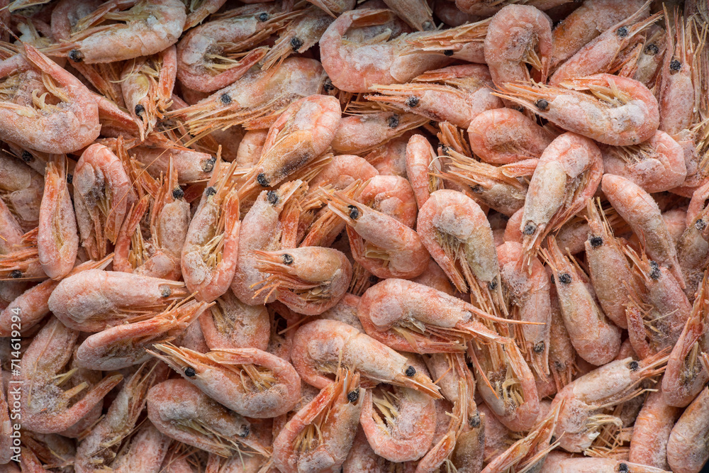 Frozen shrimp in a store. Close up Frozen shrimp in a store. Close up