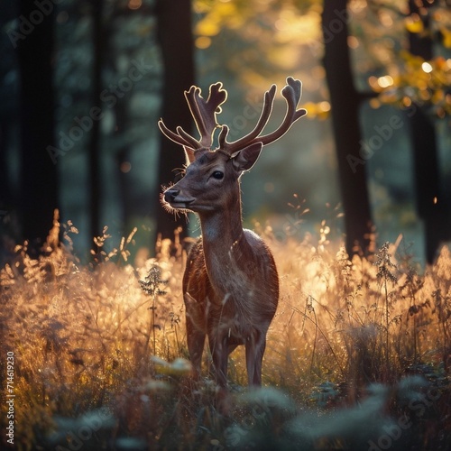 Wild nature, beautiful animals in the wild. A deer in a sunny forest. © Archie