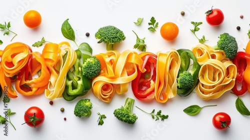  a word made out of pasta, broccoli, tomatoes, peppers, peppers, and broccoli on a white background with the word spelled out of pasta.