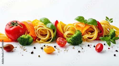 a number of different types of pasta on a white surface with tomatoes, broccoli, peppers, peppers, and peppers scattered about to the side of them.