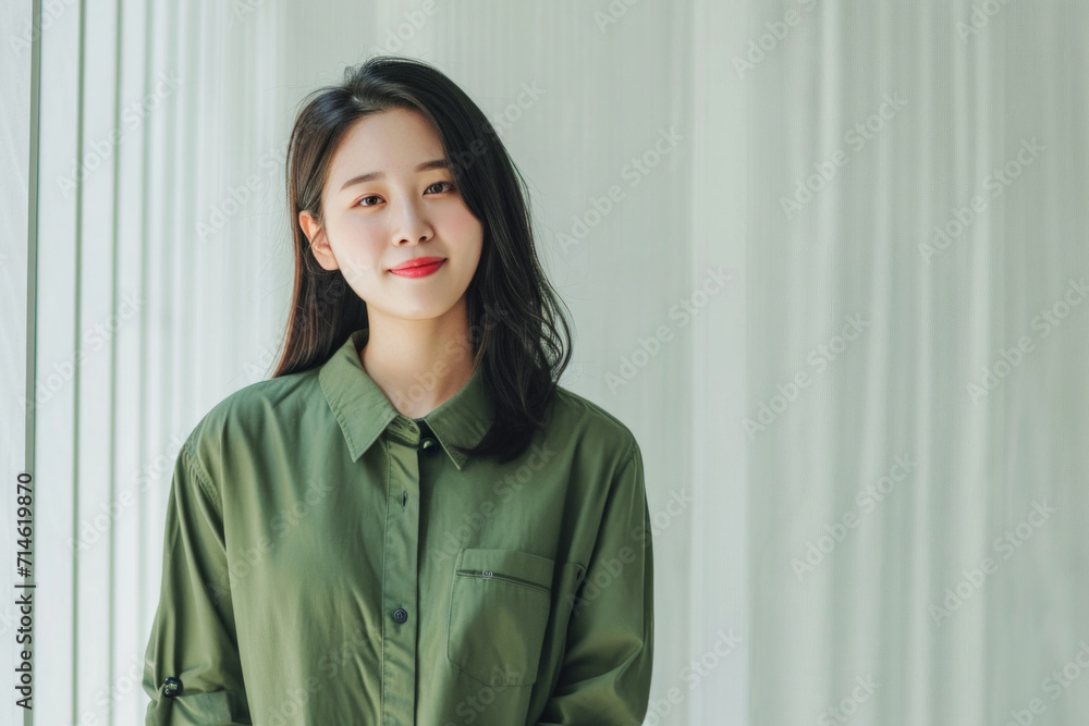 A portrait of a serene young woman, her simplicity complemented by a soft smile and a casually elegant olive shirt against a bright backdrop A portrait of a serene young woman, her simplicity complemented by a soft smile and a casually elegant olive shirt against a bright backdrop