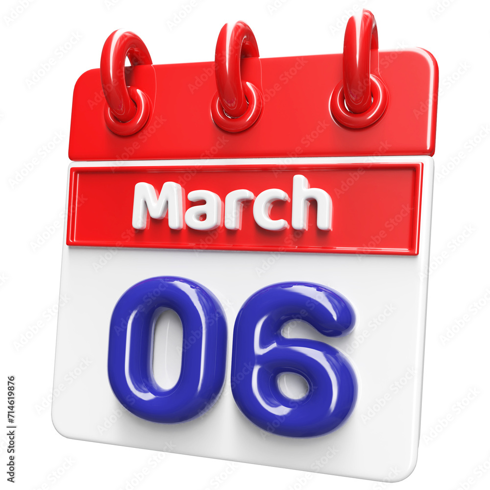 6th March Calendar Icon 3D Render , Calendar Icon 3D Illustration 6th March Calendar Icon 3D Render , Calendar Icon 3D Illustration