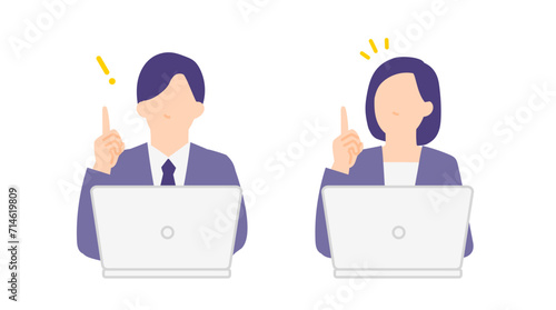 パソコンを前にひらめくポーズをとる男女のビジネスパーソンのイラスト