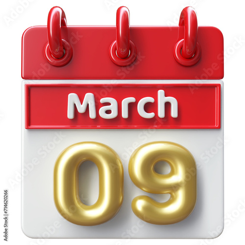 9th March Calendar Icon 3D Render   Calendar Icon 3D Illustration
