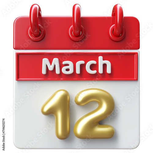 12th March Calendar Icon 3D Render   Calendar Icon 3D Illustration