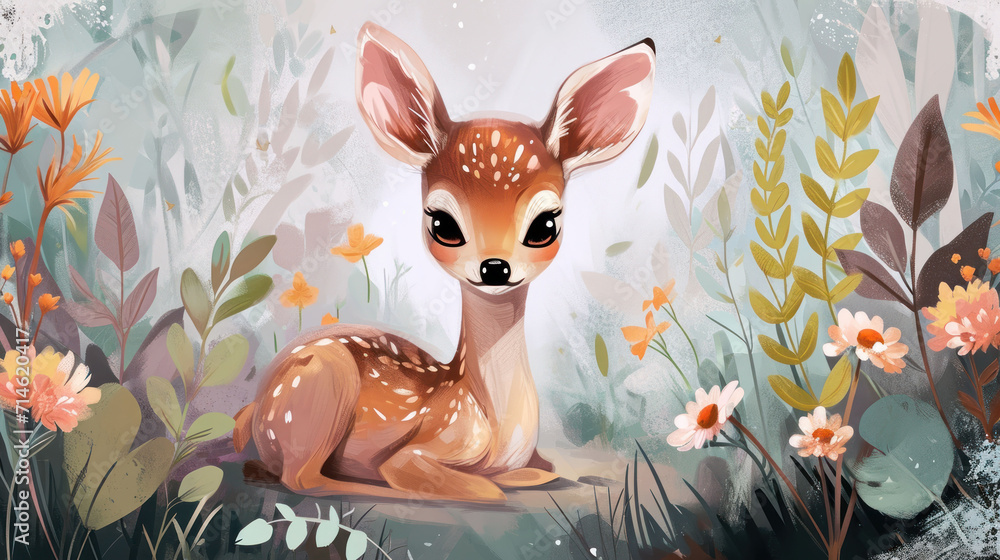  a painting of a fawn sitting in a field of wildflowers with a baby fawn peeking out of the center of the frame of it's picture.