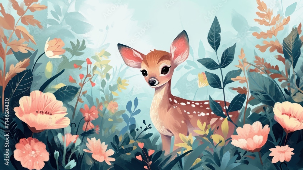 a deer standing in the middle of a lush green forest filled with pink and yellow flowers and greenery, with a blue sky background with pink and white flowers. a deer standing in the middle of a lush green forest filled with pink and yellow flowers and greenery, with a blue sky background with pink and white flowers.