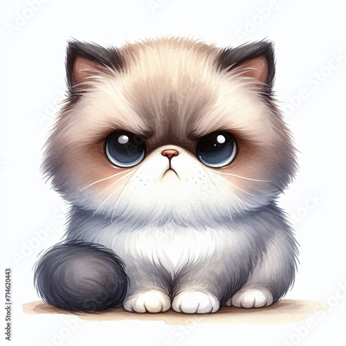Grumpy Kitten - The kitten has a soft, round face with big expressive eyes and a pink nose. Its fur is white with black spots. The background is a plain white color.