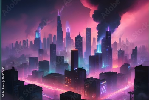 Dark Purple Sky scrapper with Smoke Buildings