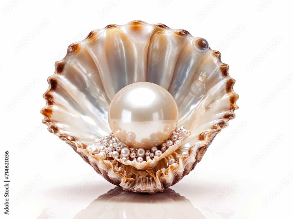 Captivating colors surround an oyster shell and the luminous pearl it cradles in an illustration against a clean white background Captivating colors surround an oyster shell and the luminous pearl it cradles in an illustration against a clean white background