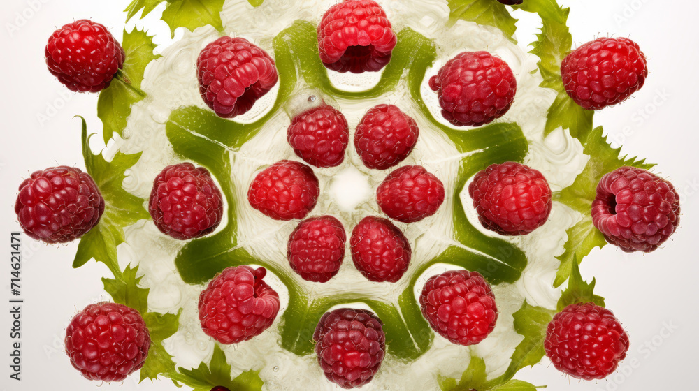 Raspberries pictures in style of kaleidoscope art on white background. Elegant art of berries. Raspberries pictures in style of kaleidoscope art on white background. Elegant art of berries.