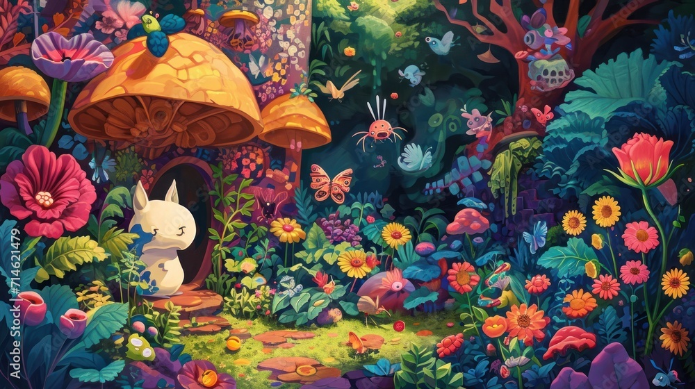  a painting of a mushroom house in the middle of a forest with a cat standing in front of a mushroom house in the middle of a garden of flowers and butterflies.