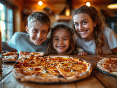familiy eating pizza a very familiar atmosphere and creates happiness and satisfaction.