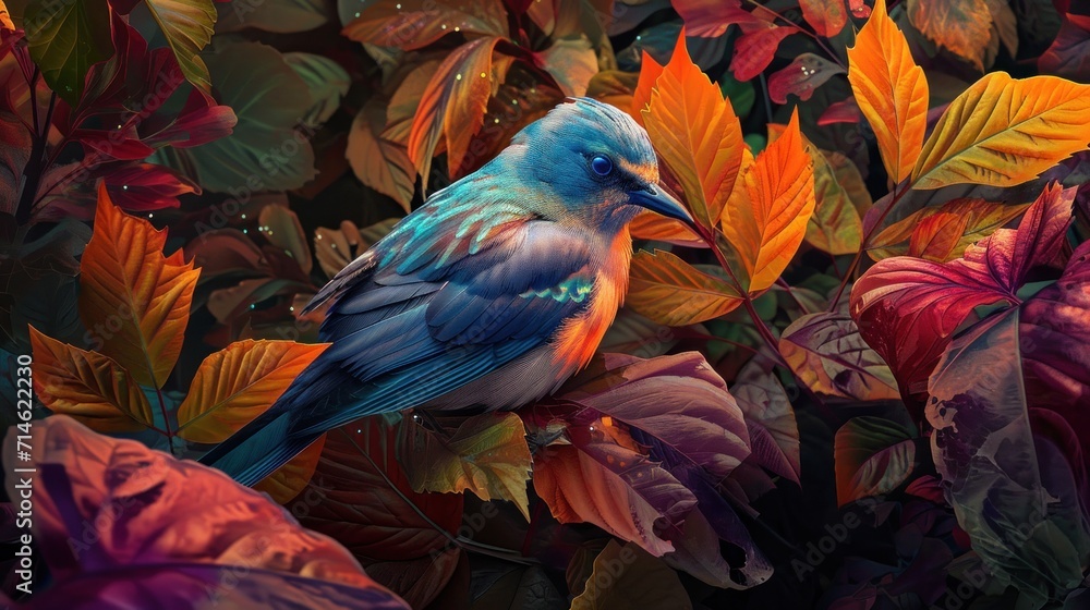 Obraz premium a colorful bird sitting on top of a tree filled with lots of green, red, orange and yellow leafy branches and leaves with water droplets on it's surface.