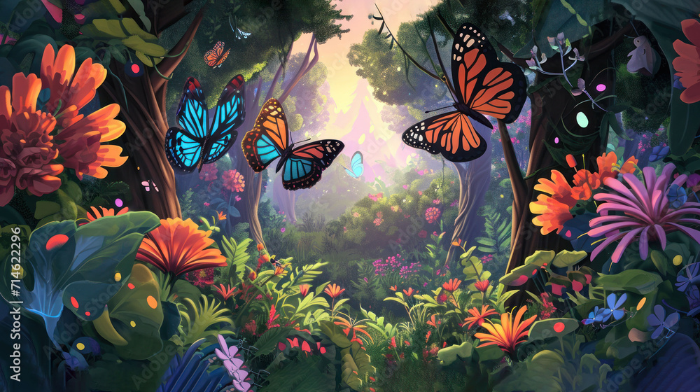  a painting of a forest filled with lots of flowers and two butterflies flying over the top of the trees in the center of the picture are bright colors of the sky.