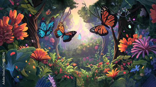  a painting of a forest filled with lots of flowers and two butterflies flying over the top of the trees in the center of the picture are bright colors of the sky.