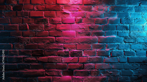 Neon light on brick walls that are not plastered background and texture. Lighting effect red and blue neon background. Generative AI