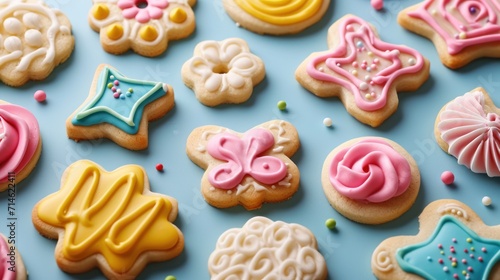 a close up of a bunch of cookies on a table with icing and sprinkles on the top of the cookies and on the bottom of the cookies.