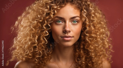 portrait of a fashion woman, curly hairs of a woman, portrait of a pretty young fashion model, pretty fashion girl in studio, curly haired woman