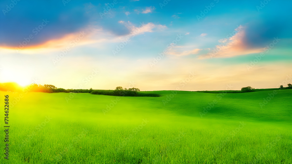 Sunset over green field landscape. Beautiful natural agricultural in the summertime 29.