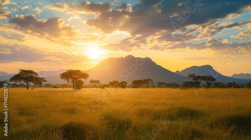 the sun is setting over a field of tall grass with trees in the foreground and a mountain range in the distance with a few clouds in the foreground.