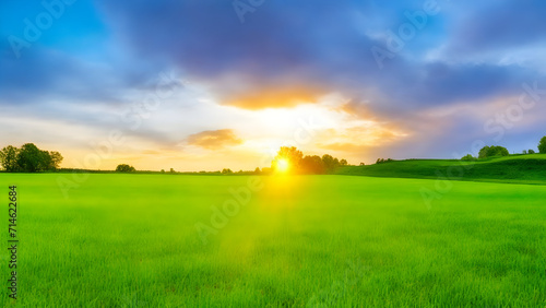 Sunset over green field landscape. Beautiful natural agricultural in the summertime 30.