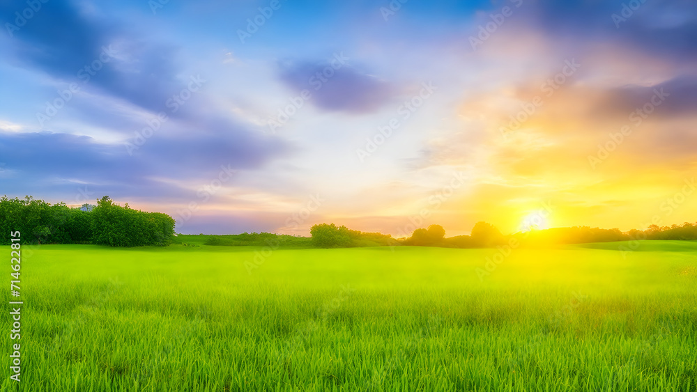 Sunset over green field landscape. Beautiful natural agricultural in the summertime 21.