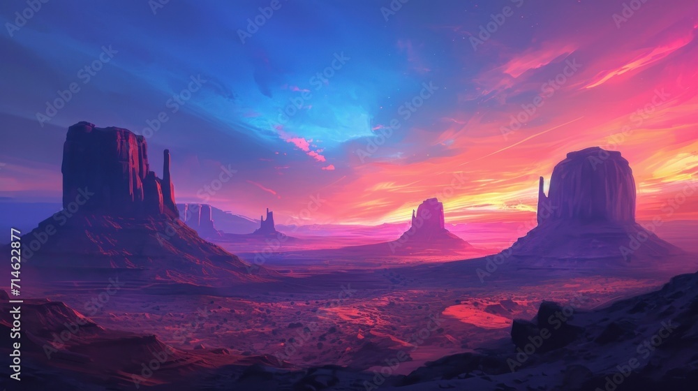 Naklejka premium a painting of a sunset in a desert with mountains and a body of water in the foreground and a red and blue sky in the middle of the background.