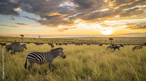  a herd of zebra standing on top of a dry grass covered field next to a field of wildebeest and wildebeest grazing in the distance at sunset.