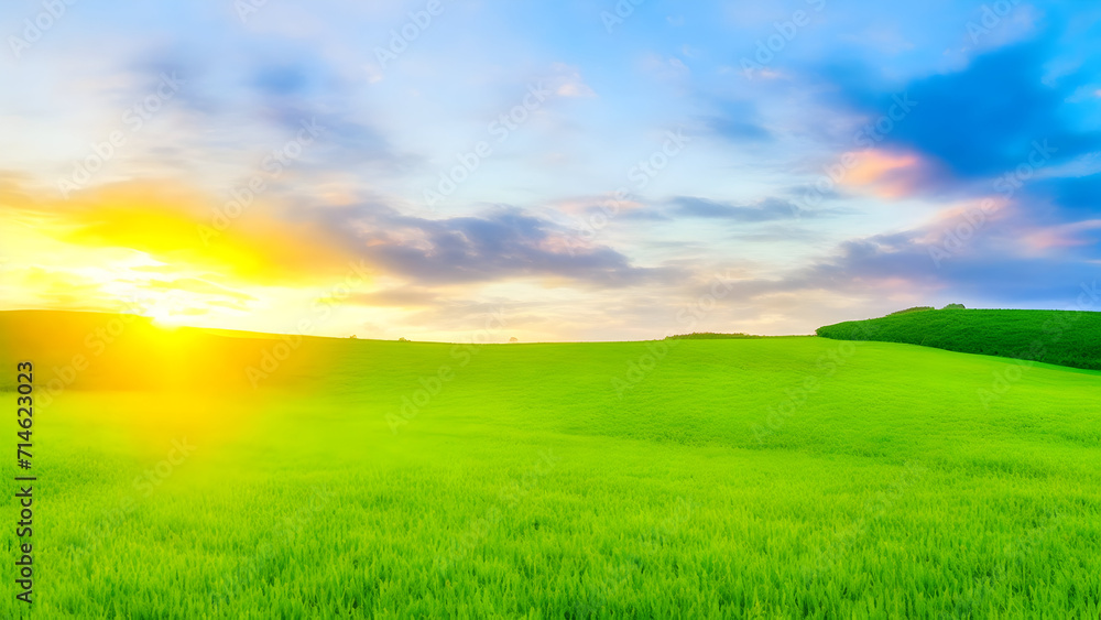 Sunset over green field landscape. Beautiful natural agricultural in the summertime 6.