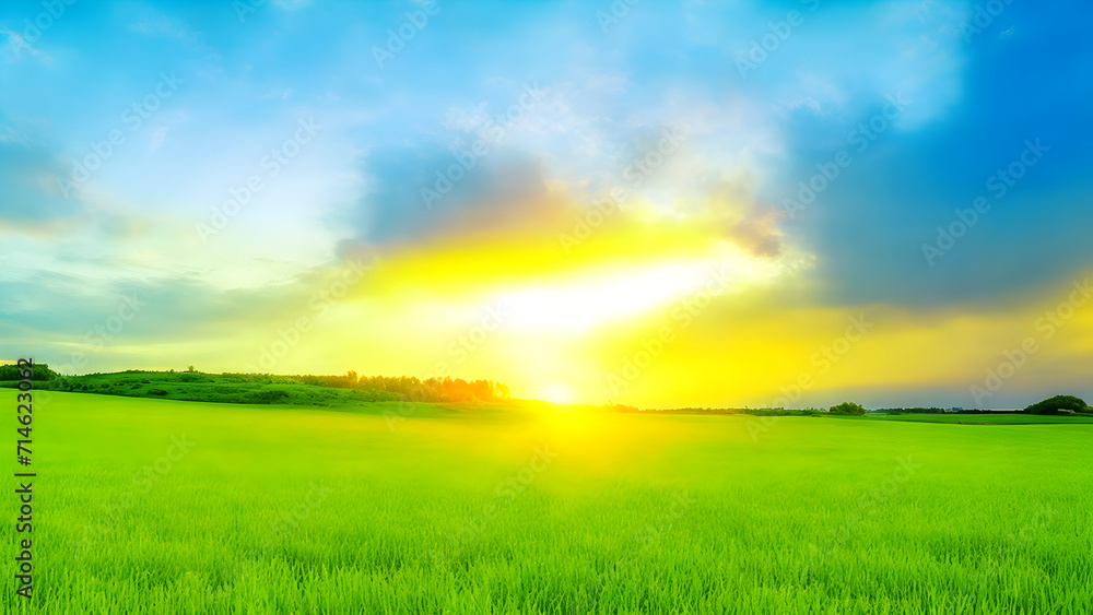 Sunset over green field landscape. Beautiful natural agricultural in the summertime 2.