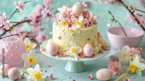  a close up of a cake on a table with flowers and eggs in the middle of the cake and on the table is a vase with flowers and eggs in the middle of the cake.